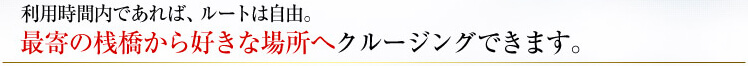 利用時間内であれば、ルートは自由。最寄りの桟橋から好きな場所へクルージングできます。