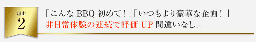 「こんなBBQ初めて！」「いつもより豪華な企画！」非日常体験の連続で評価UP間違いなし。