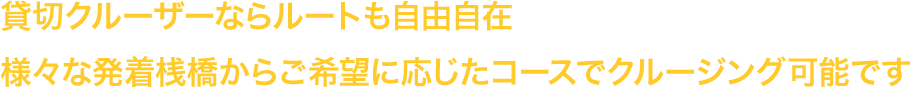 洋風屋形船ならルートも自由自在様々な発着桟橋からご希望に応じたコースでクルージング可能です