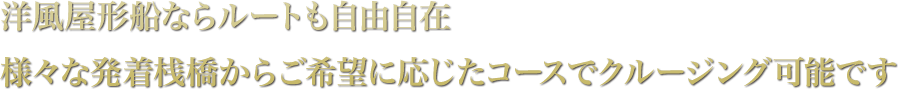 洋風屋形船ならルートも自由自在様々な発着桟橋からご希望に応じたコースでクルージング可能です