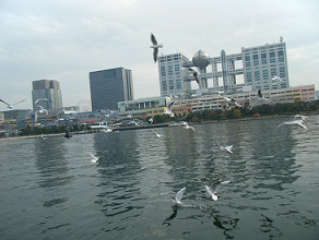 船上から見えるお台場の空とカモメたち