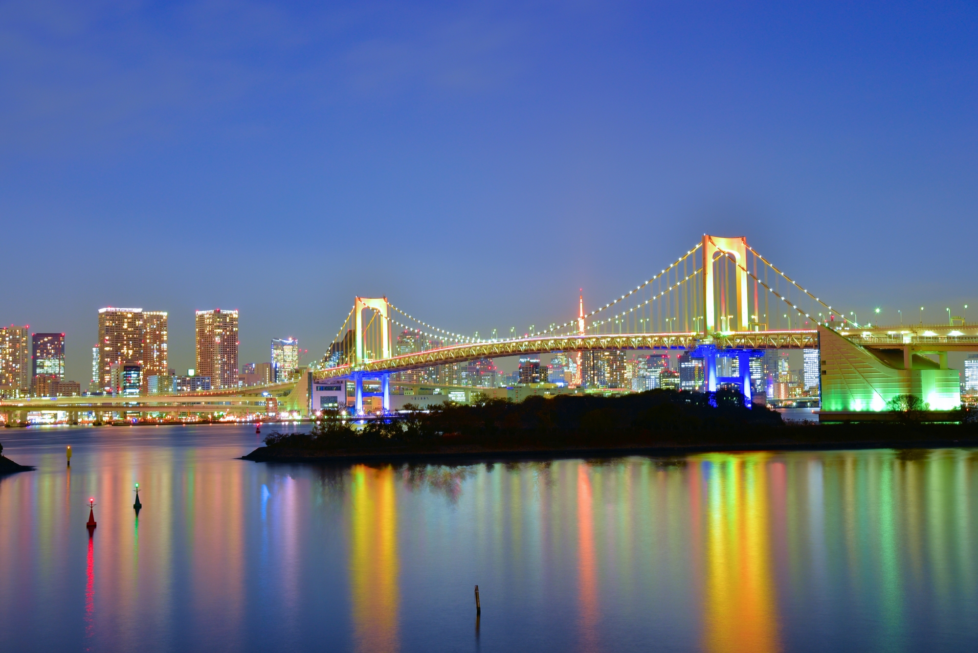 ライトアップされたレインボーブリッジと街の夜景