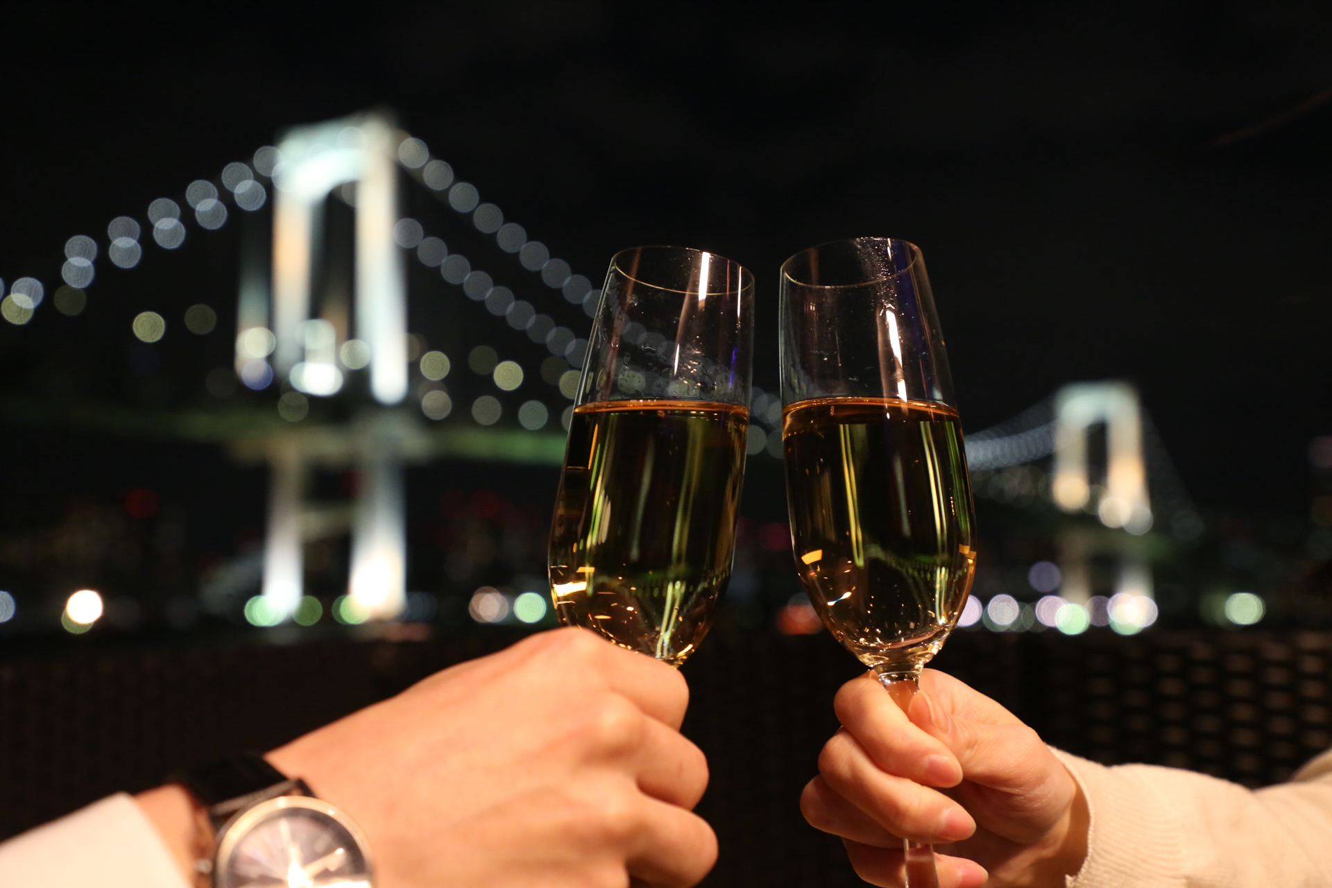 ライトアップされた橋をバックに乾杯