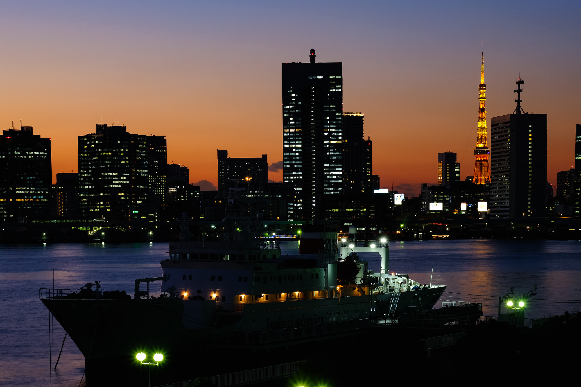 船の浮かぶ海男後ろにはライトアップされた東京タワーと街並み