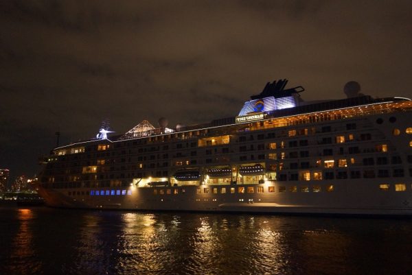 夜に巨大客船がクルージングしている風景