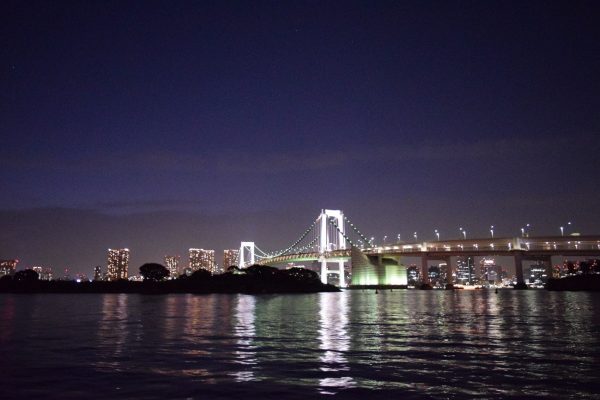 船上から眺めるライトアップされた橋の風景