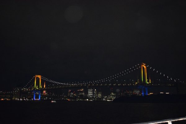 暗い夜空の中でライトアップされた橋の風景