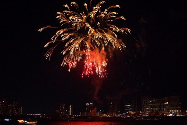 船上から眺める夜空に打ち上がる花火