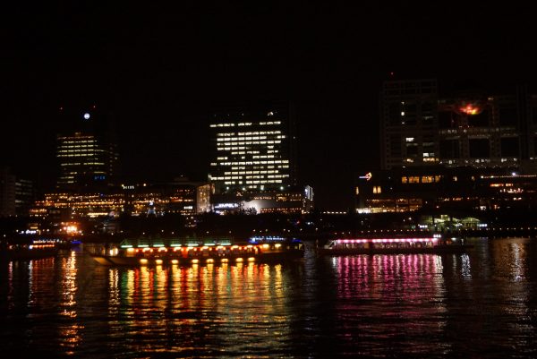 船上から眺めるライトアップされた屋形船と夜景