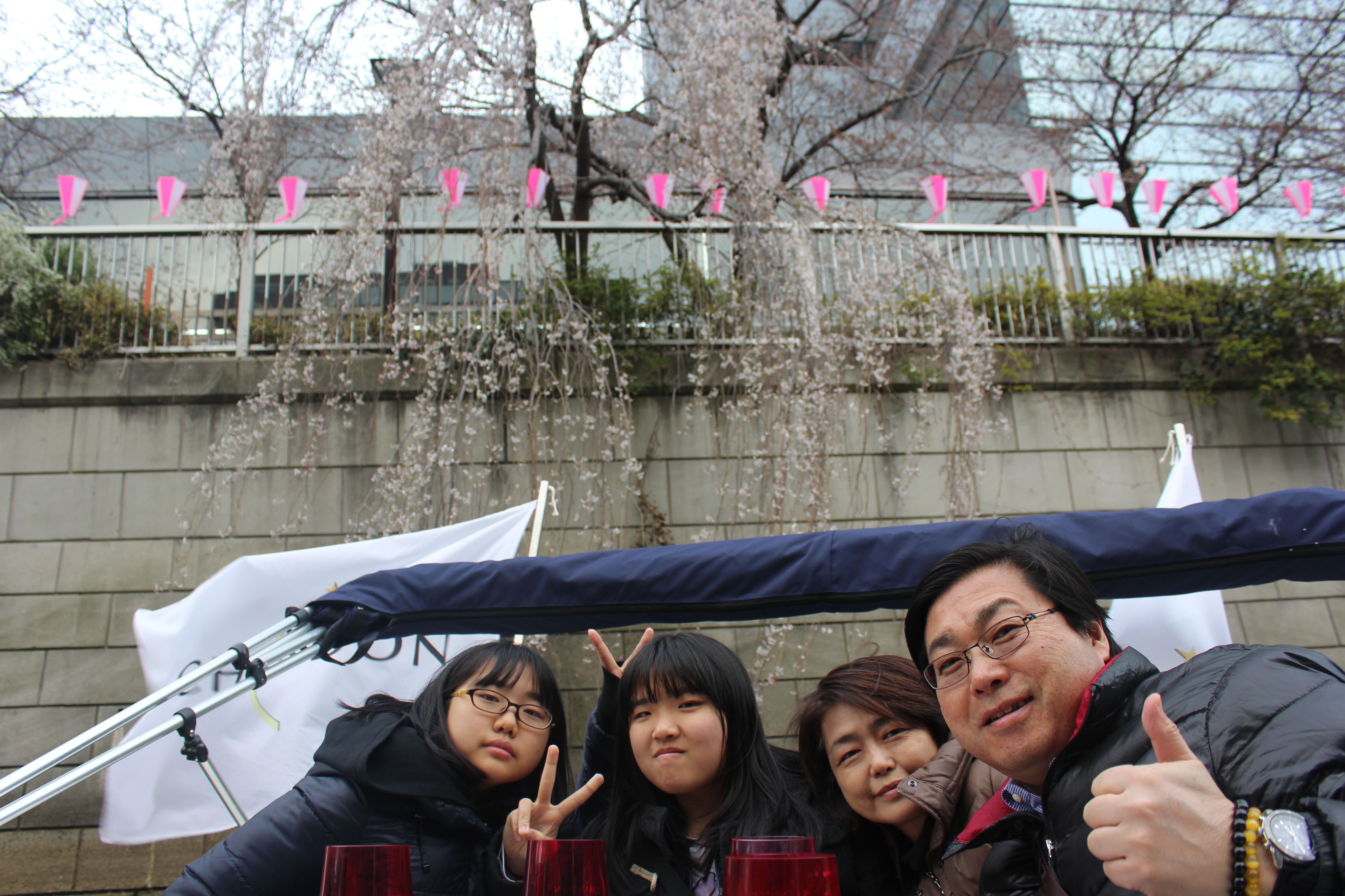 桜を背景に家族で記念撮影