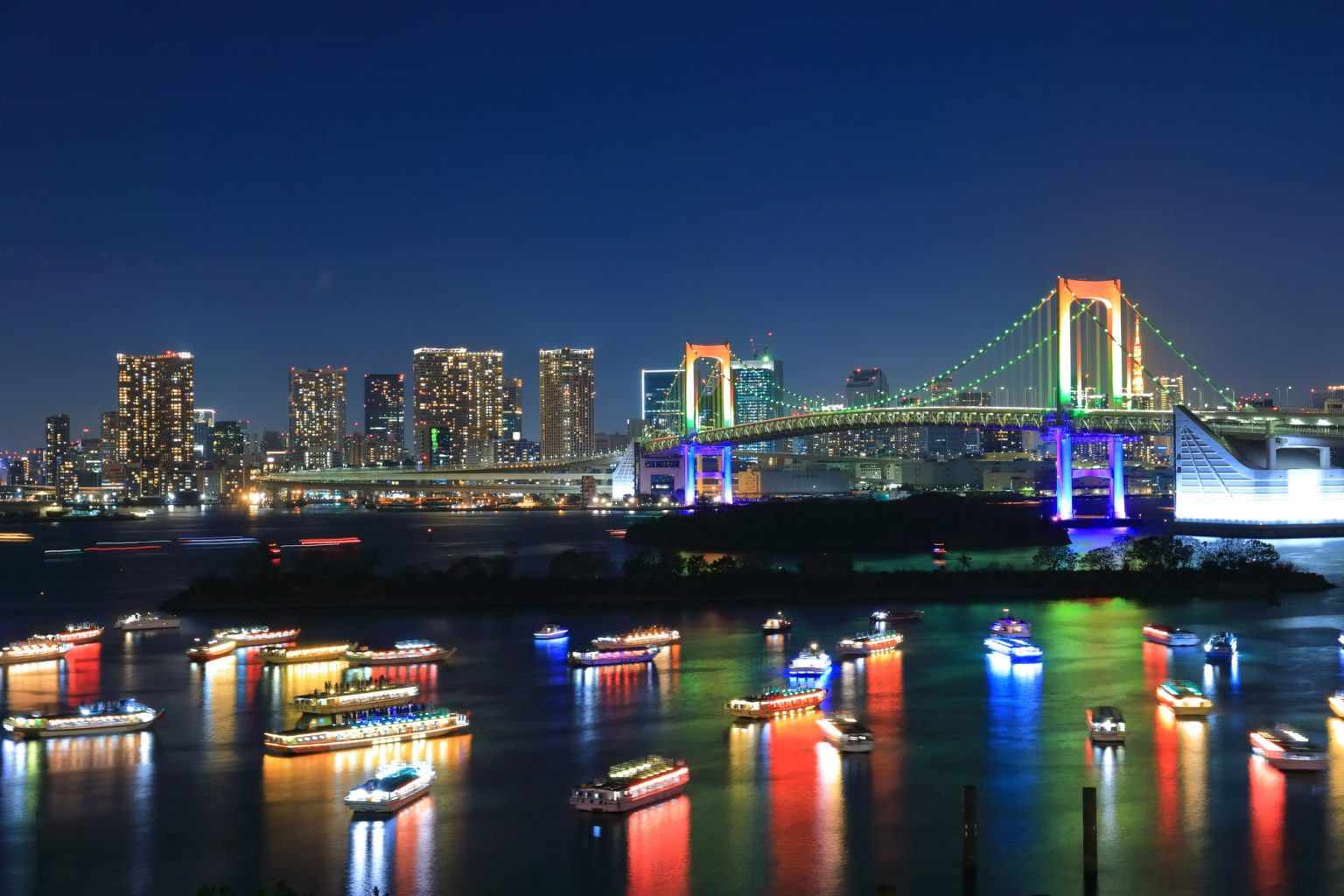 レインボーブリッジの夜景とクルーザー