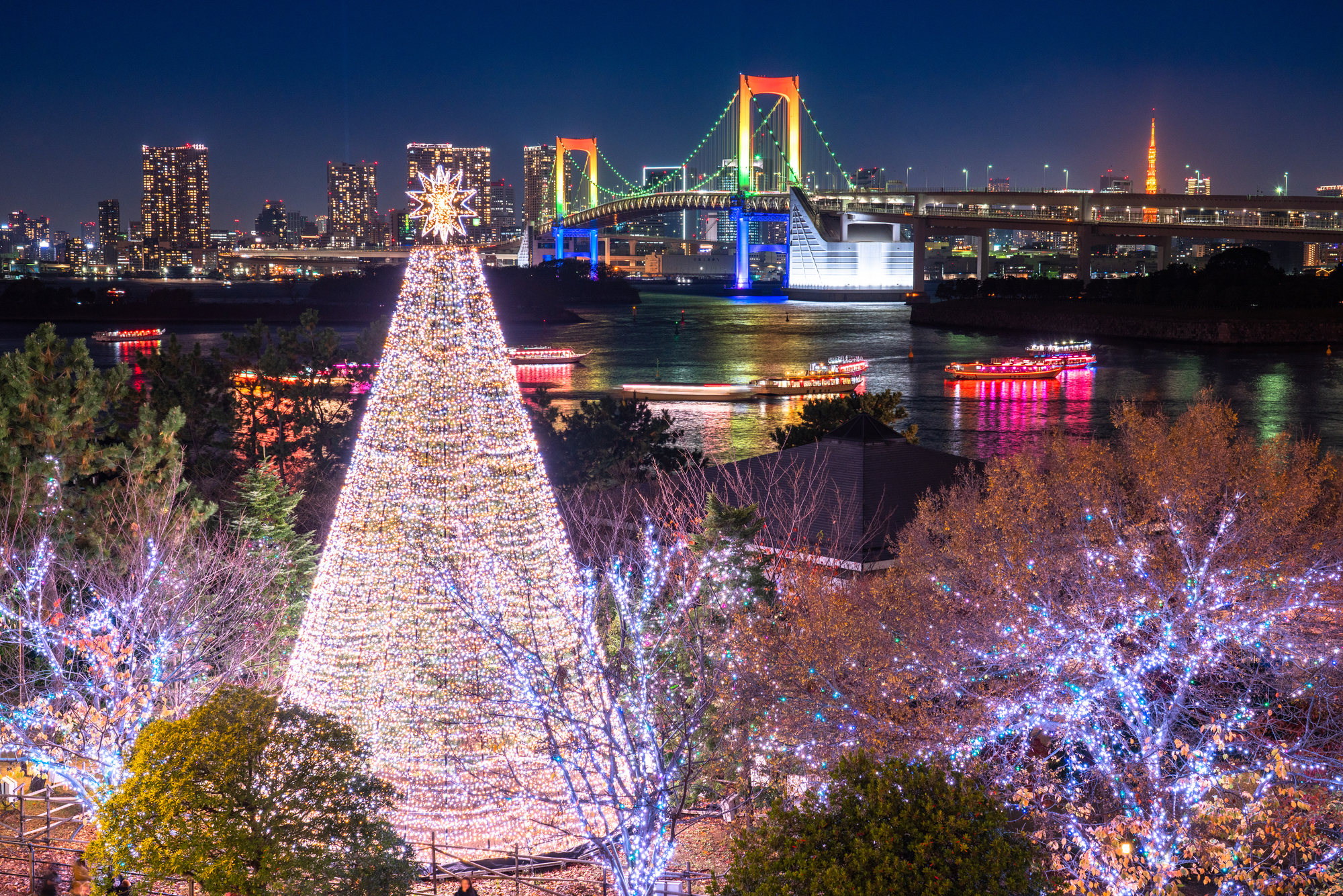 お台場から見える夜景と屋形船