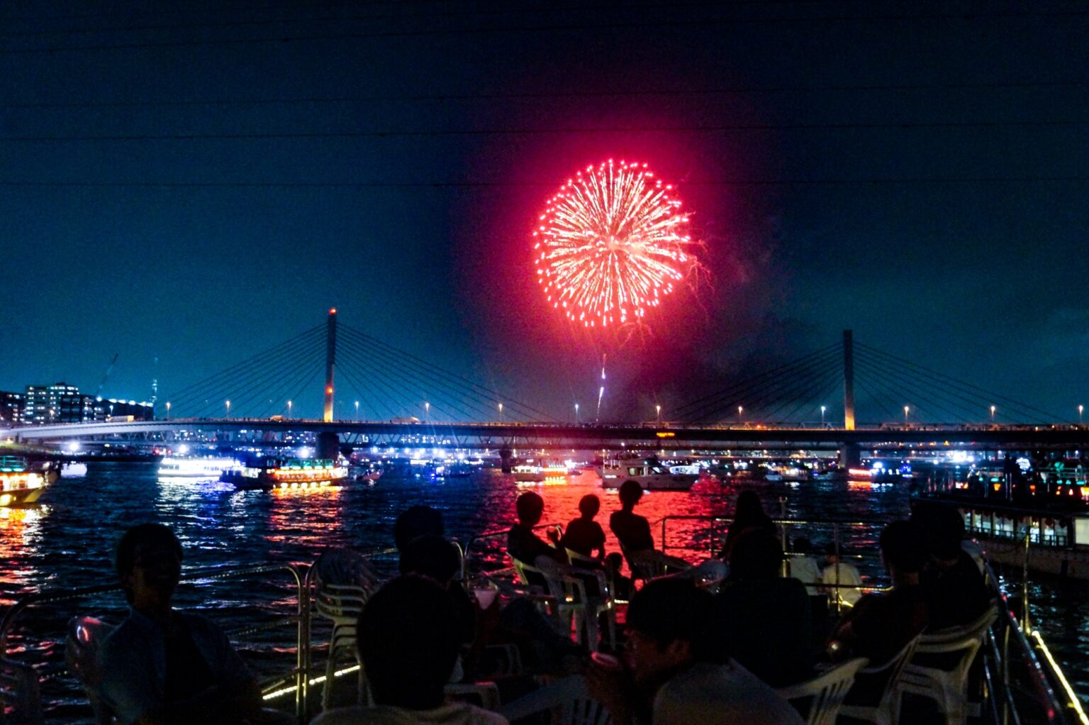 2018年江東花火大会において船上から打ち上げ花火を眺める人たち