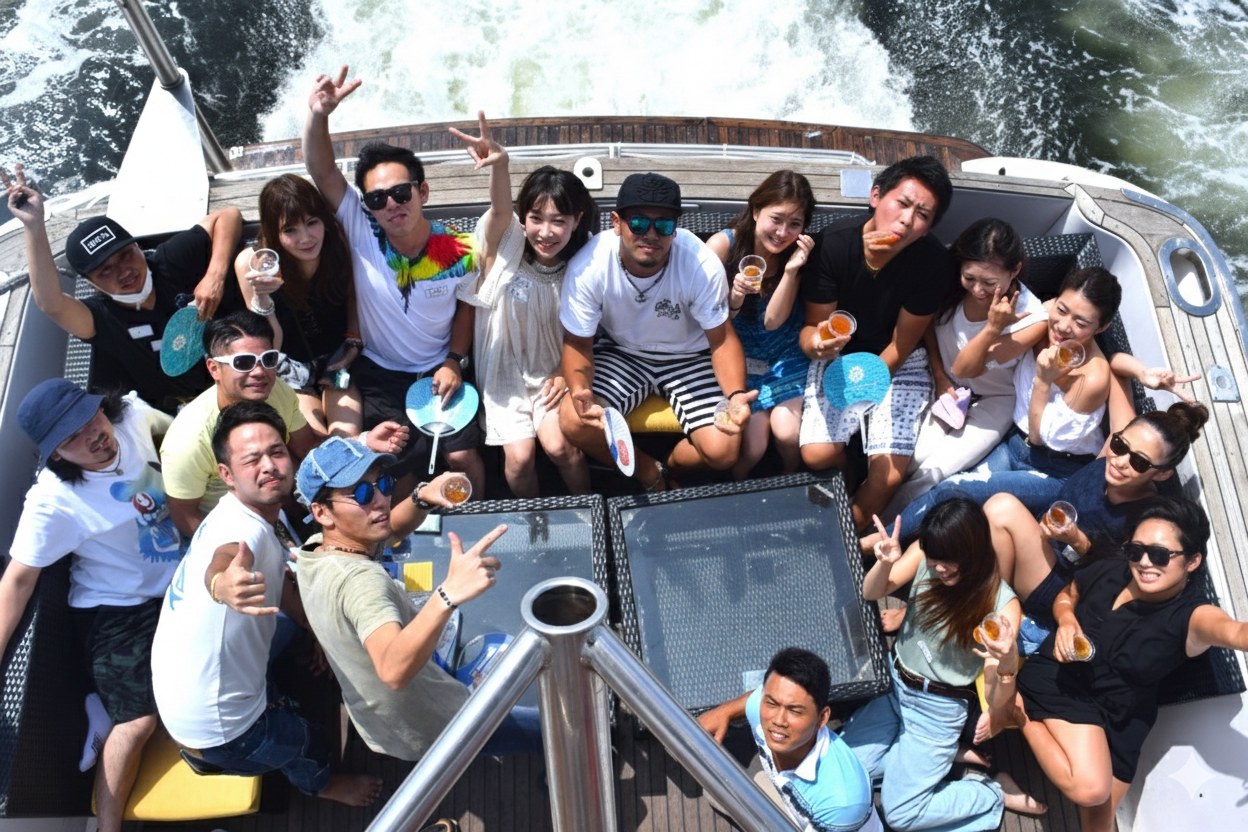 ミッドブルー号の後方デッキでクルージングを楽しむ人々