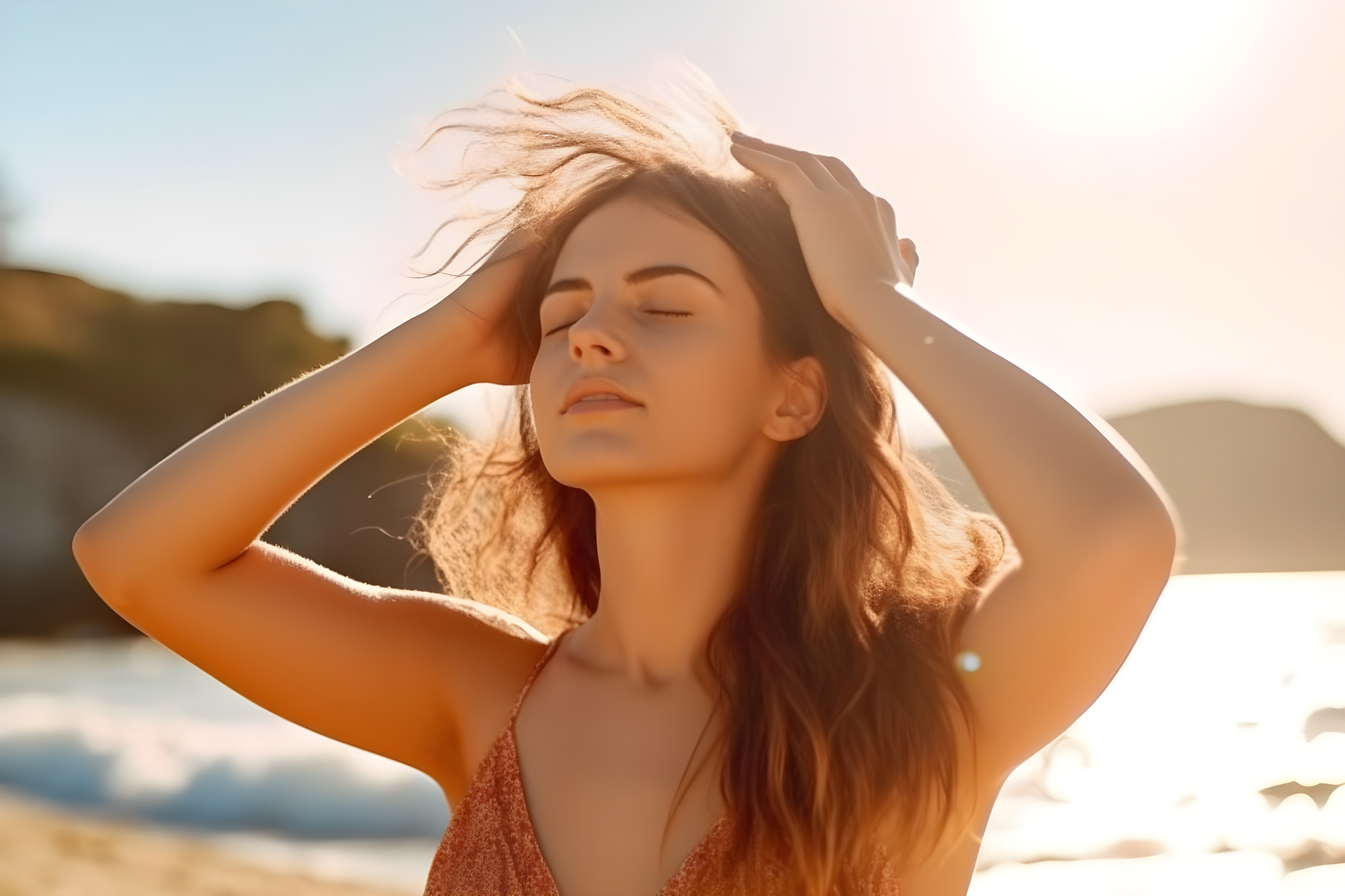 海でリフレッシュする女性